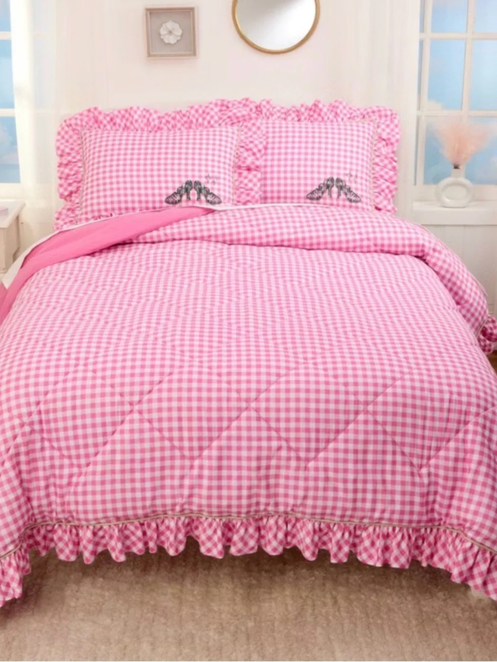 Wicked Katie Kime Pink Gingham Ruffled Comforter and Sheet Set - FULL